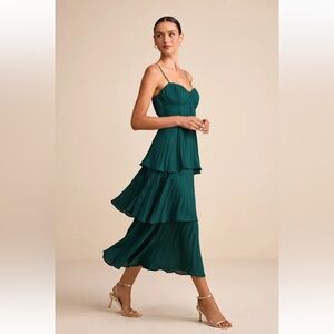 Lulus Cascading Crush Emerald Tiered Bustier Midi Dress